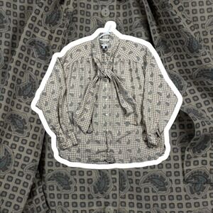 Giuseppe Vintage 100% Silk Blouse Large Paisley Tie Neck Tan Blue Long Sleeve